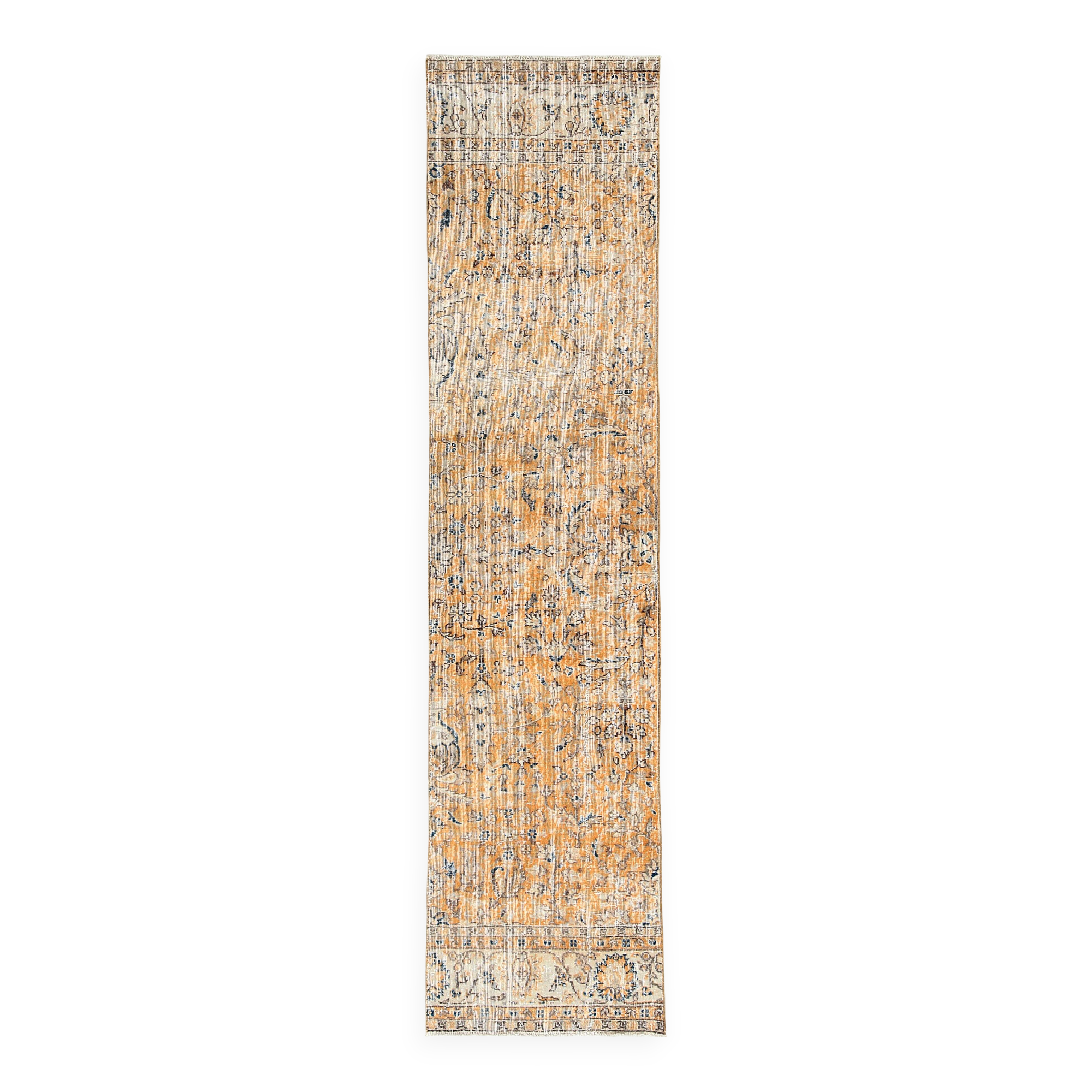 2x10 Orange & Navy Blue Floral Vintage Runner Rug, 73x297Cm