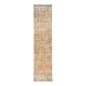 Tapis de couloir vintage à motif floral orange et bleu marine 2x10, 73x297 cm