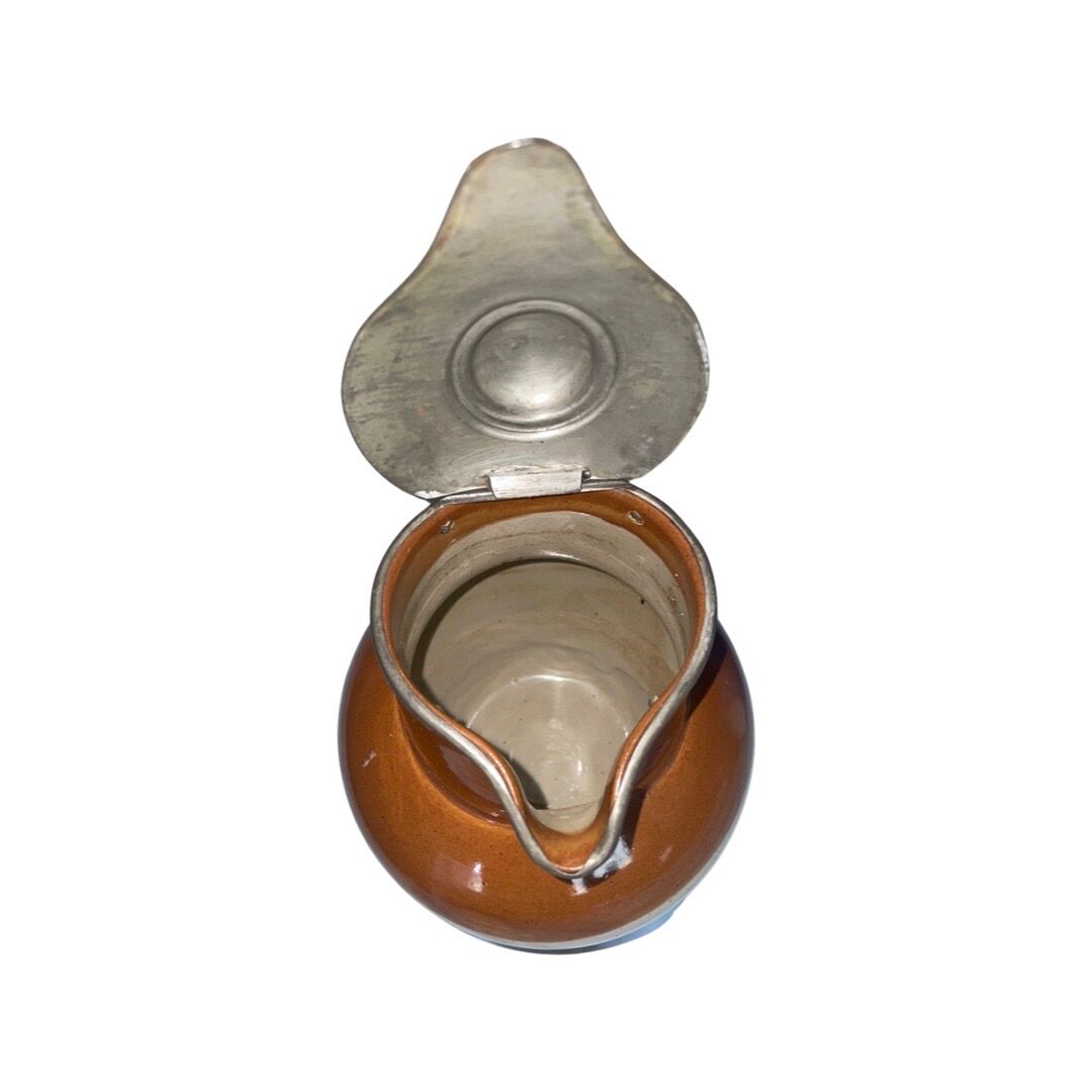 Old brown and beige Langley Mill 19th century pitcher with its pewter lid