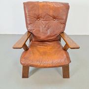 Brutalist Wood Armchair with Brown Leather Upholstery, Germany, 1960s