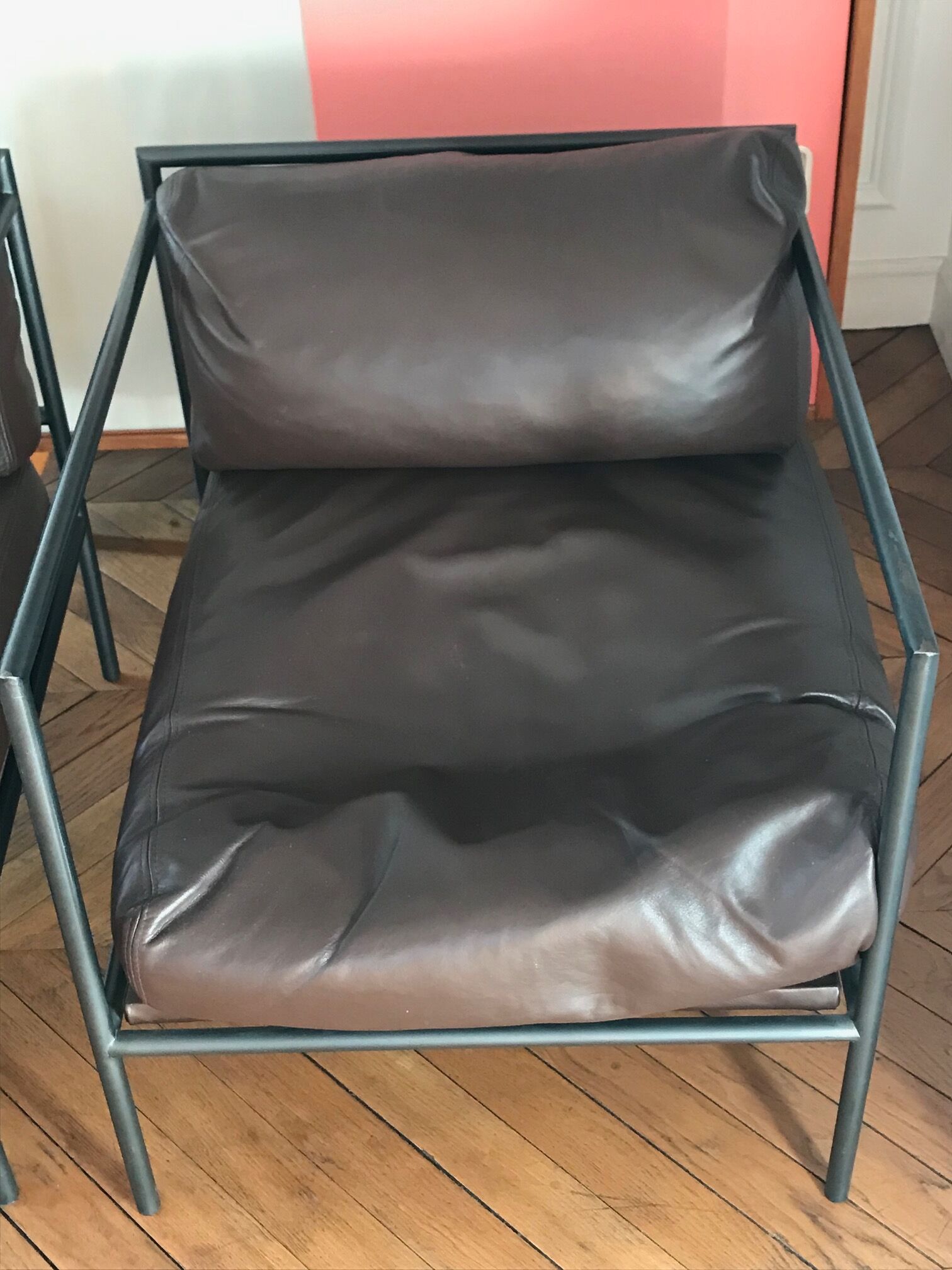 Set of 2 metal and brown leather armchairs Julie Prisca