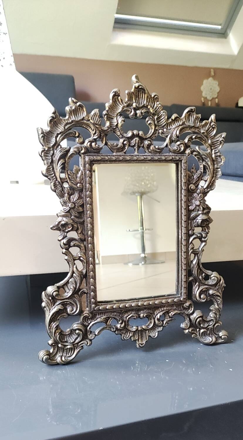 Antique/Rocaille/Louis XV Style Table Mirror. In silver-plated bronze