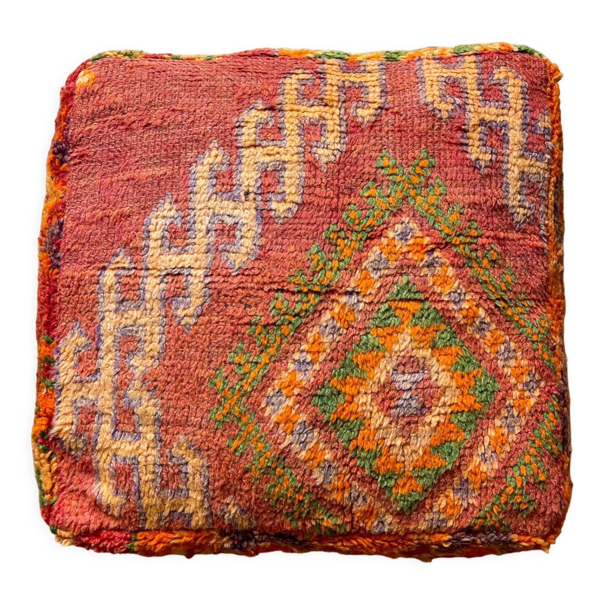 Moroccan Berber pouf colorful terracotta orange and bohemian green