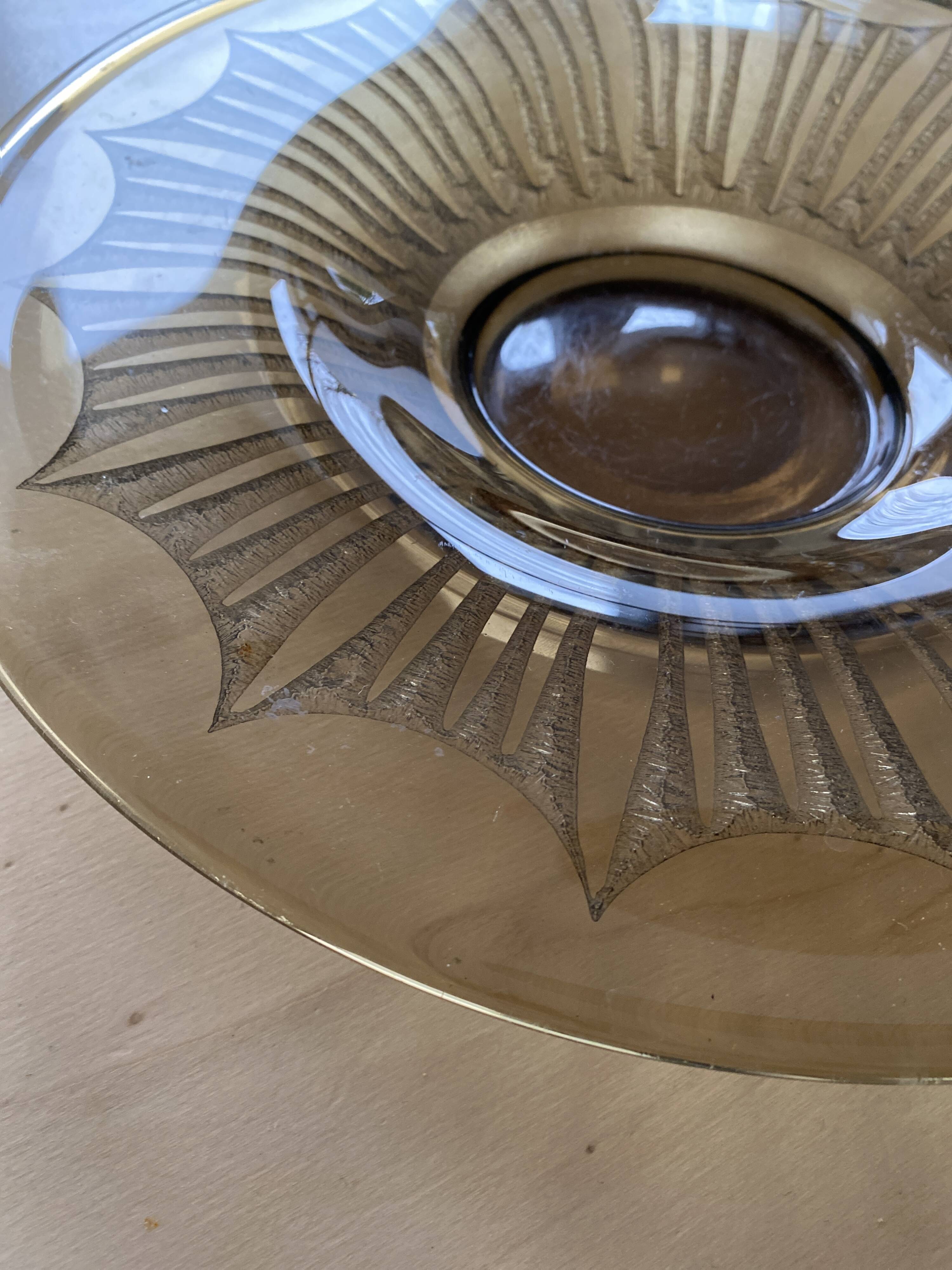 Old Verrex smoked glass fruit bowl, with a radius decoration cut into the glass