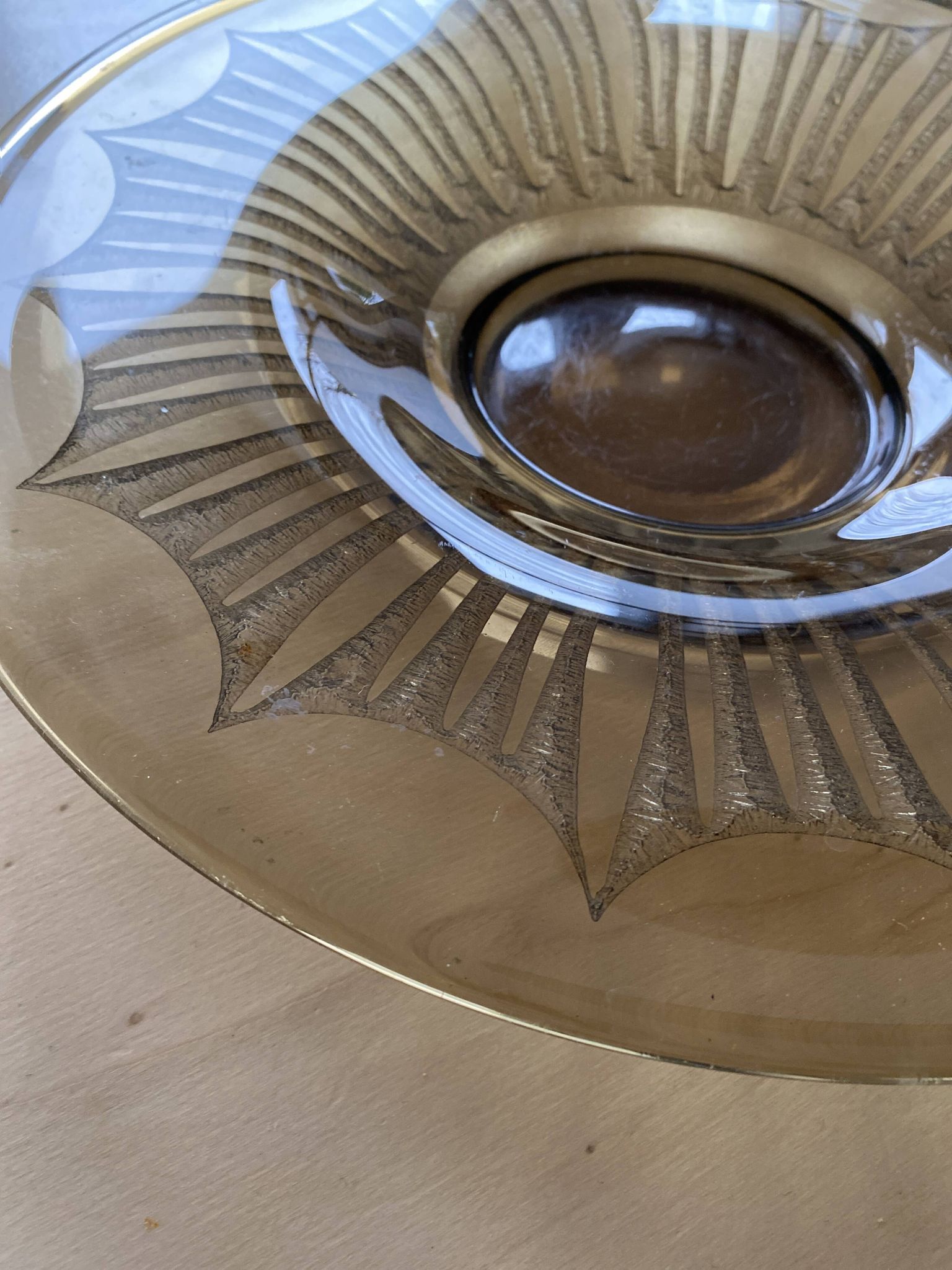 Old Verrex smoked glass fruit bowl, with a radius decoration cut into the glass