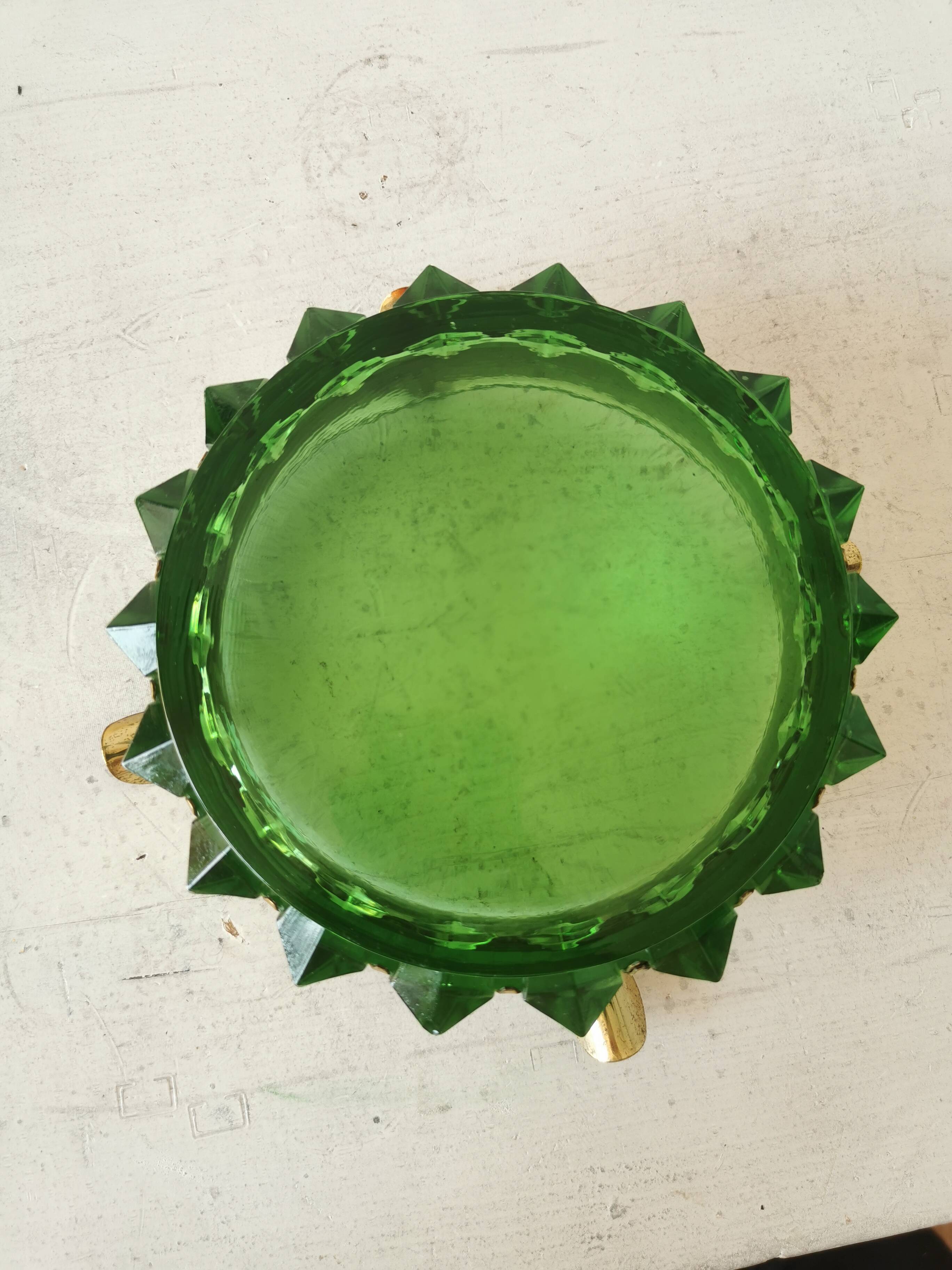 Cendrier en cristal vert et or vintage / Cendrier rond en verre de style mid-century modern