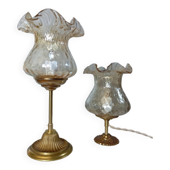 Duo desk lamps, vintage inspiration, bronze and ocher tulip glass