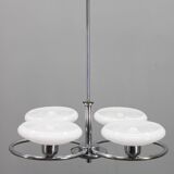 Mid-century chrome chandelier with milk-glass disc shades, Czechoslovakia, 1950s