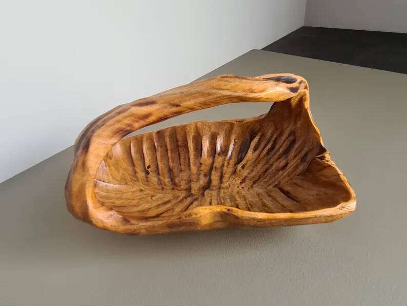 Hand-carved wooden empty pocket basket vintage French