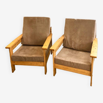 Paire fauteuils scandinaves en pin, 1970