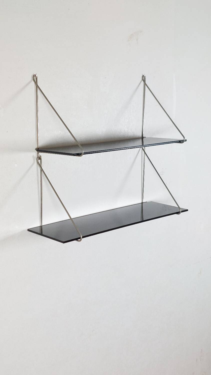 Vintage mid century loop shelf black glass metal