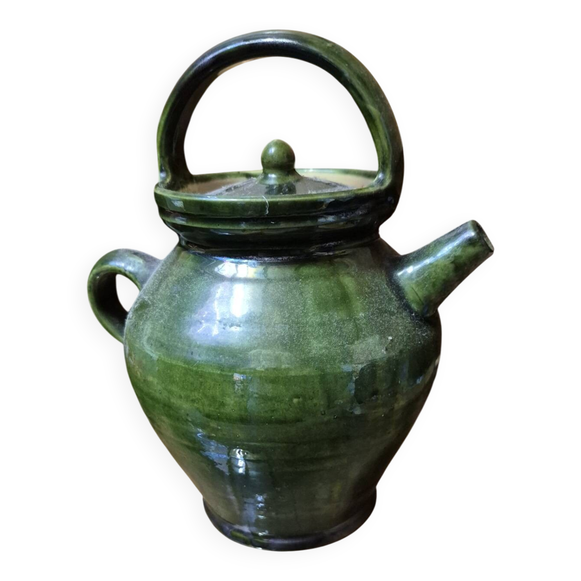Old green glazed earthenware goat, pottery from Savoie, Broc Verseu.