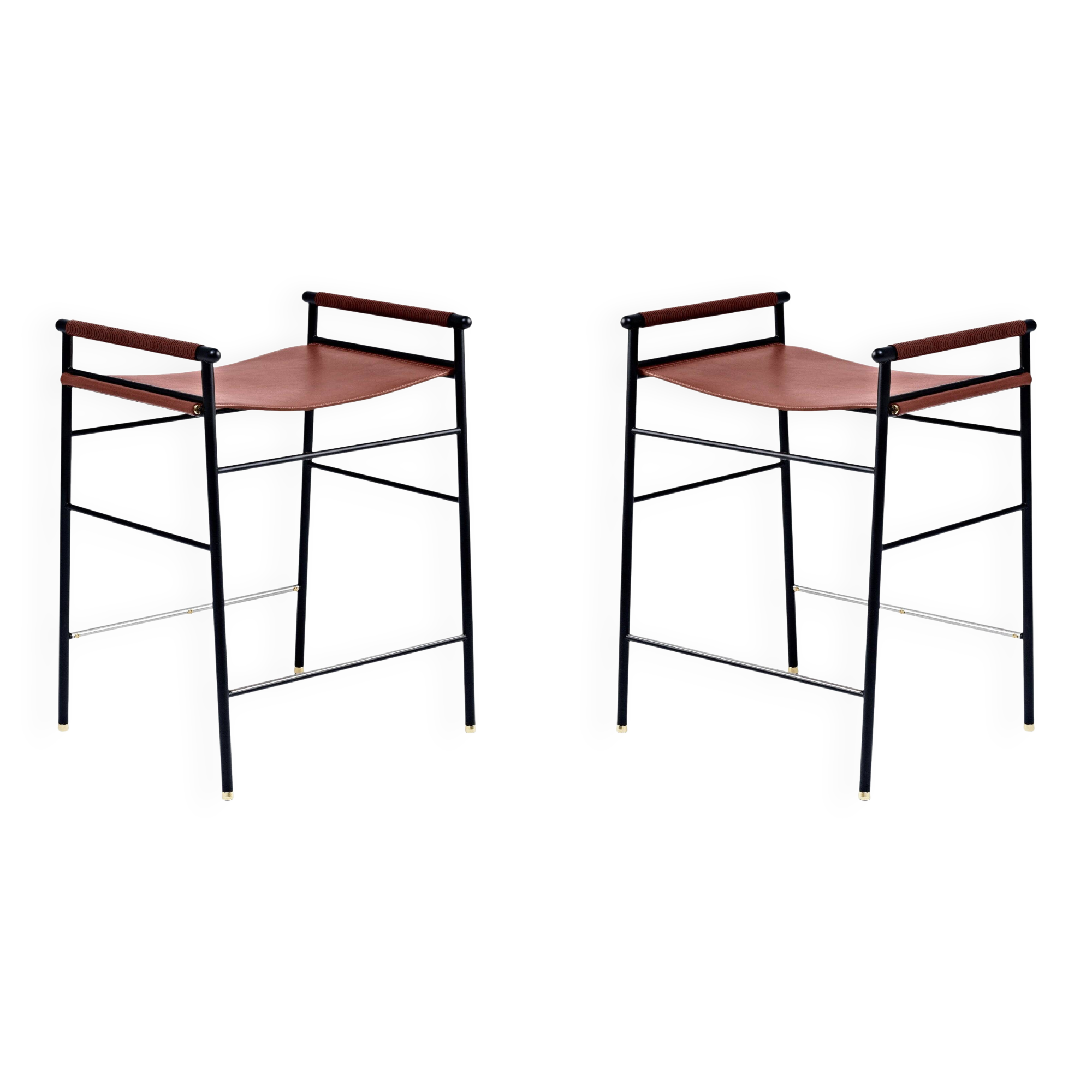 By Contemporary Artisan Bar Stool Leather Cognac Black Rubber Metal