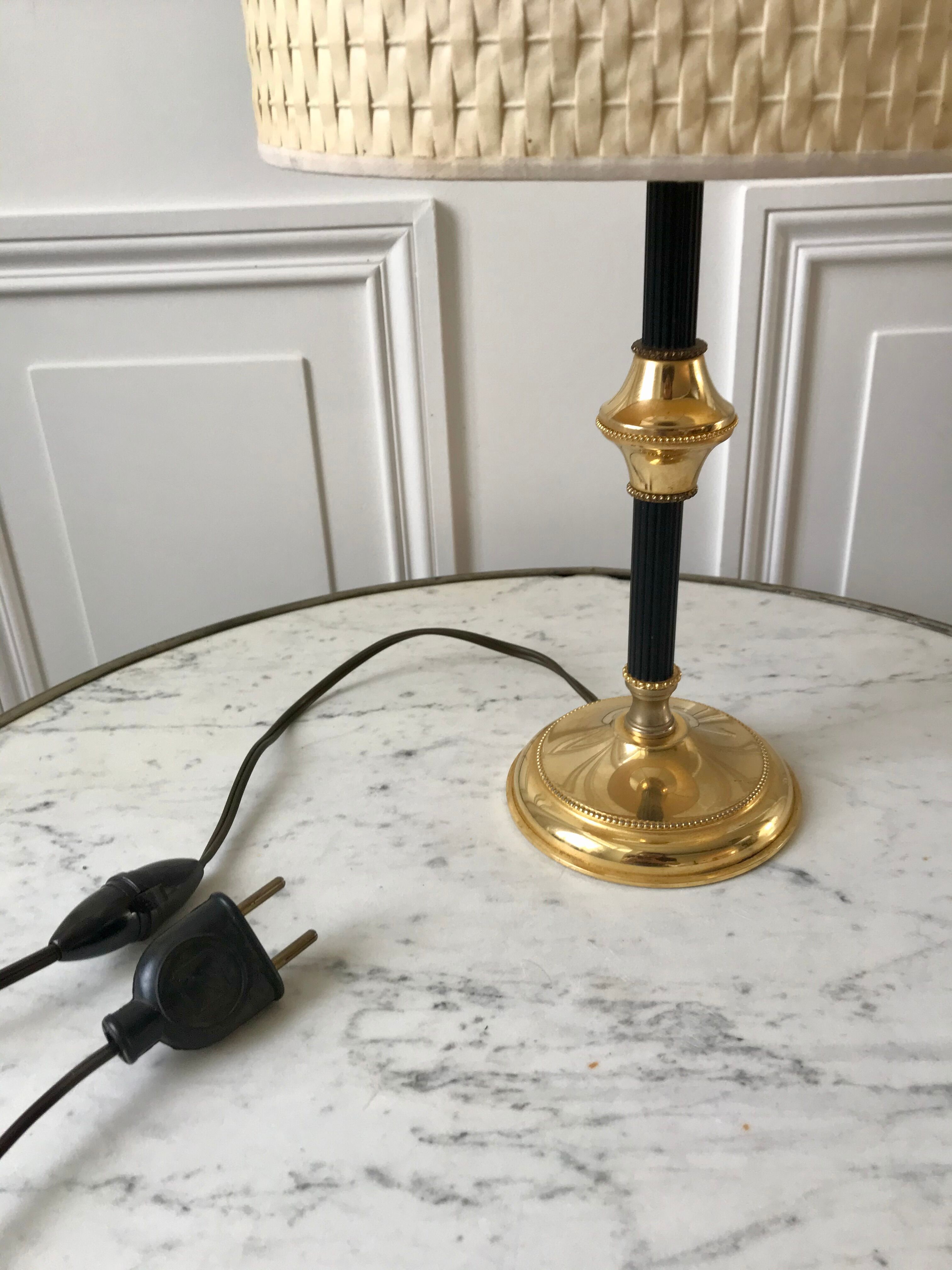 Brass and black metal lamp with woven lampshade woven 50s