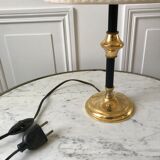 Brass and black metal lamp with woven lampshade woven 50s