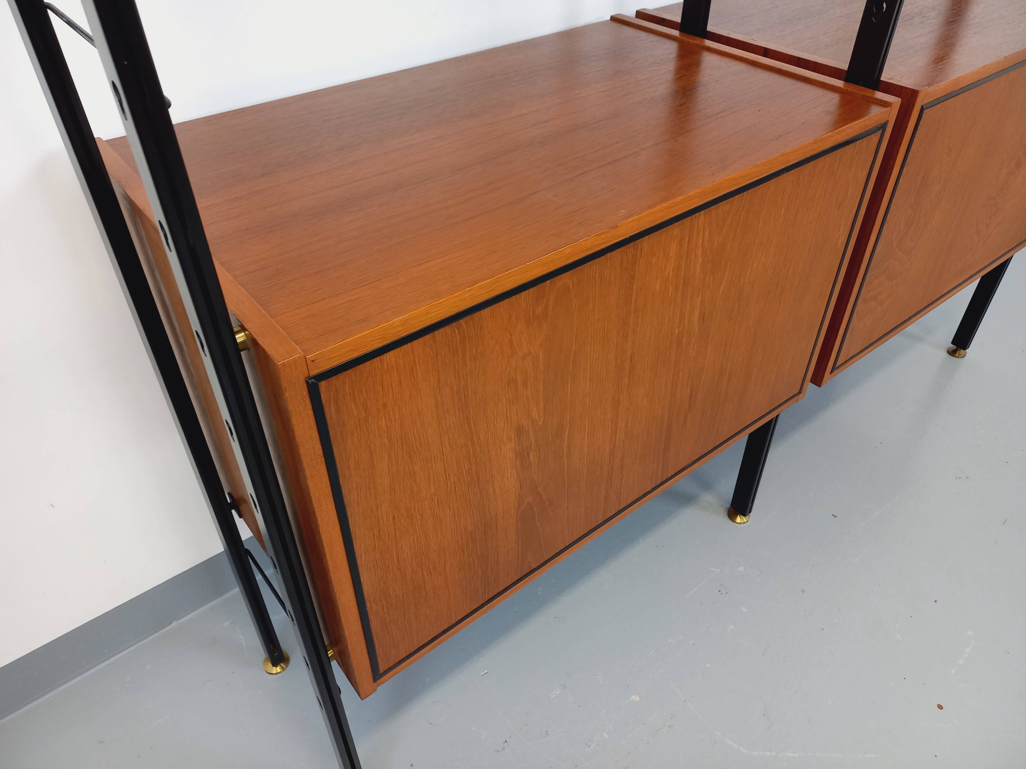 Vintage Italian double modular shelf bookcase in teak and metal