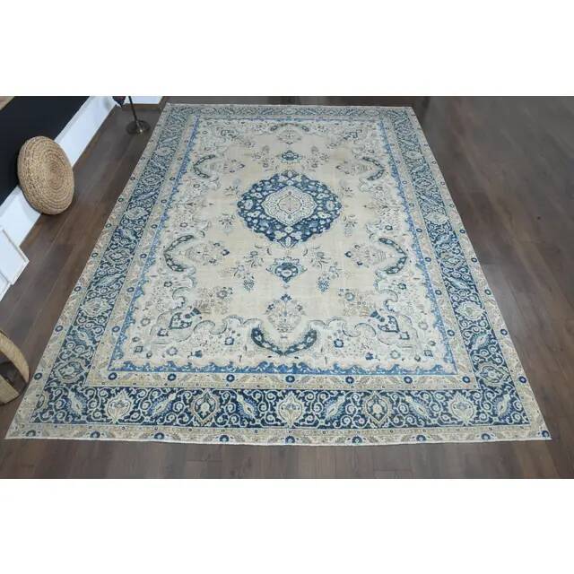 1970s Vintage Persian Handmade Wool Cotton Beige Area Rug 294x398