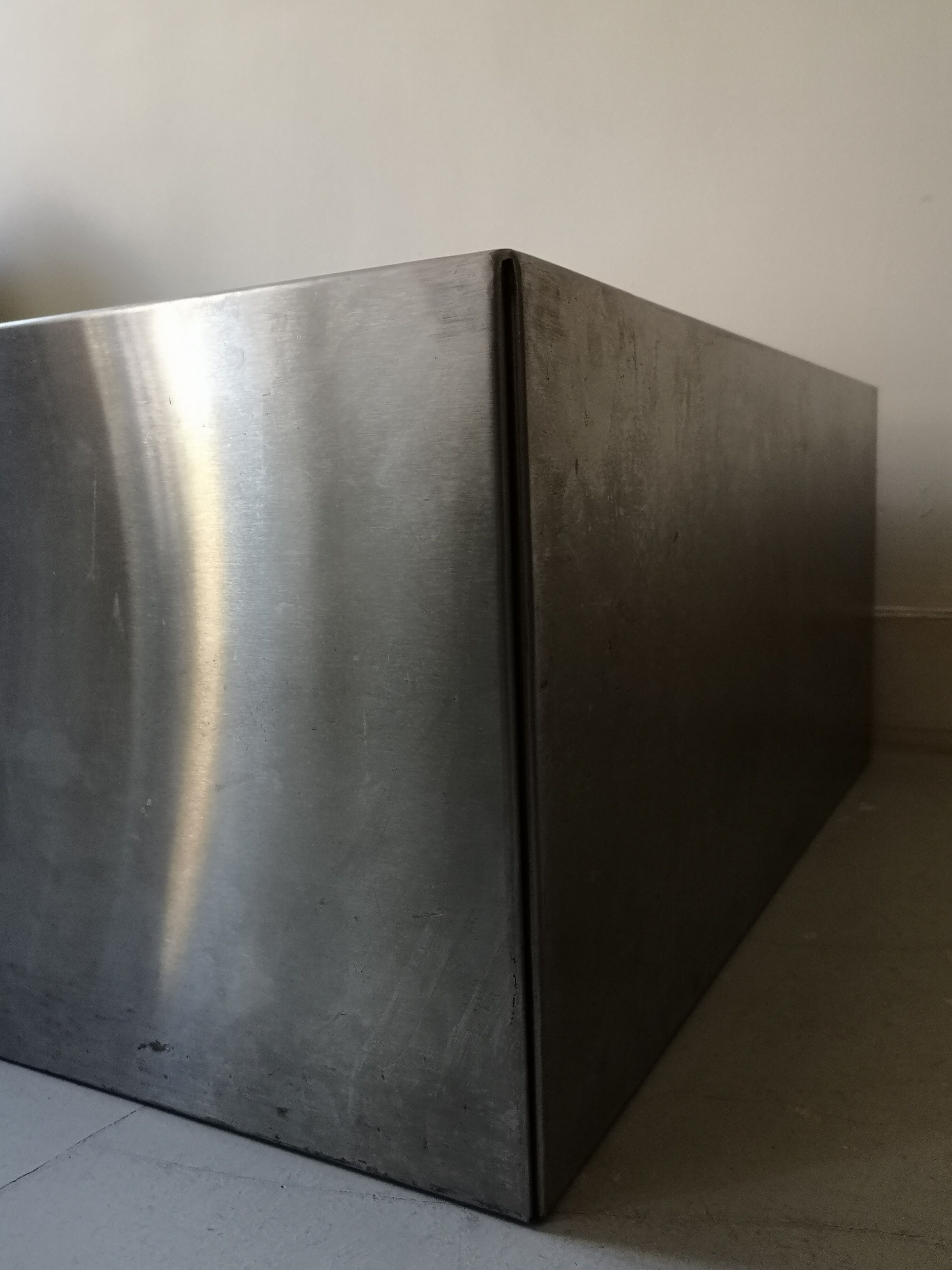 Square block coffee table white glass and metal, cube design 1970