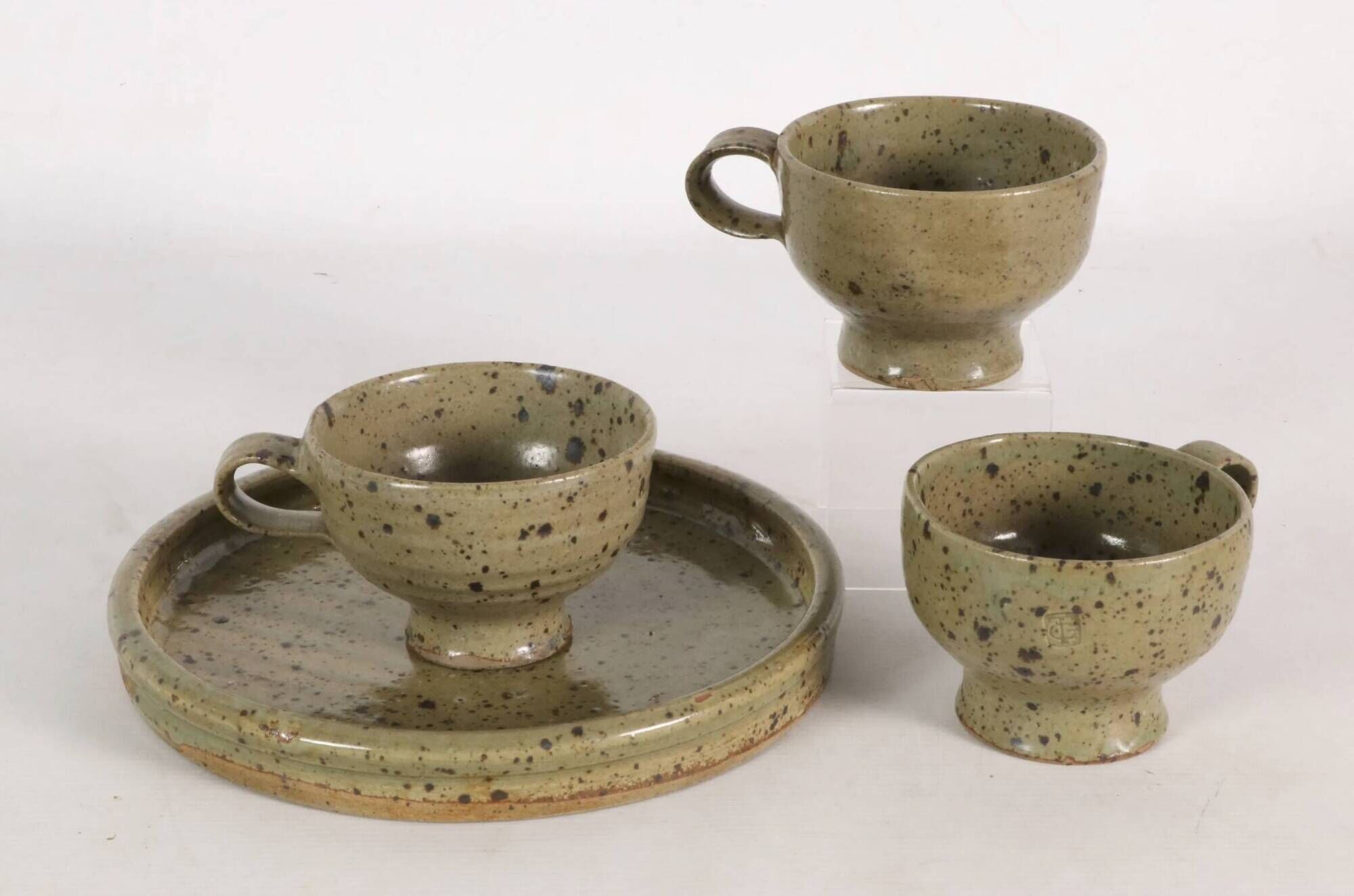 Set of cups and tray by Gustave Tiffoche in pyrite stoneware – 1970s