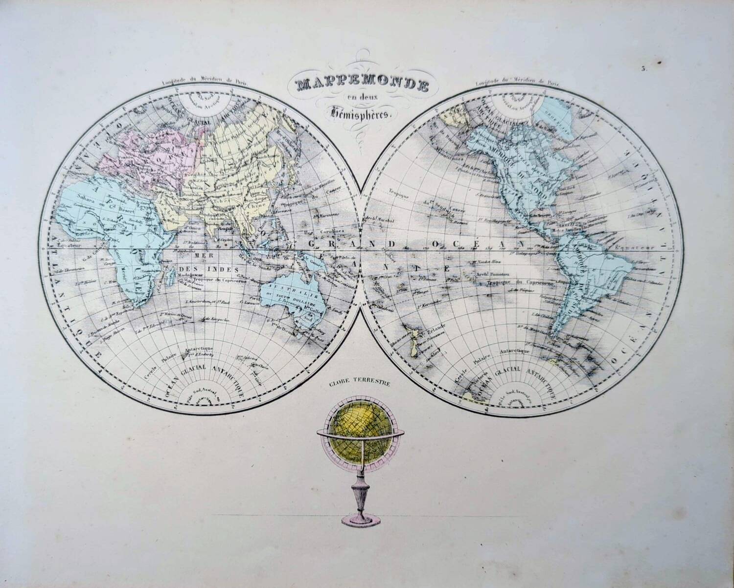 Antique world map, printed in 1852