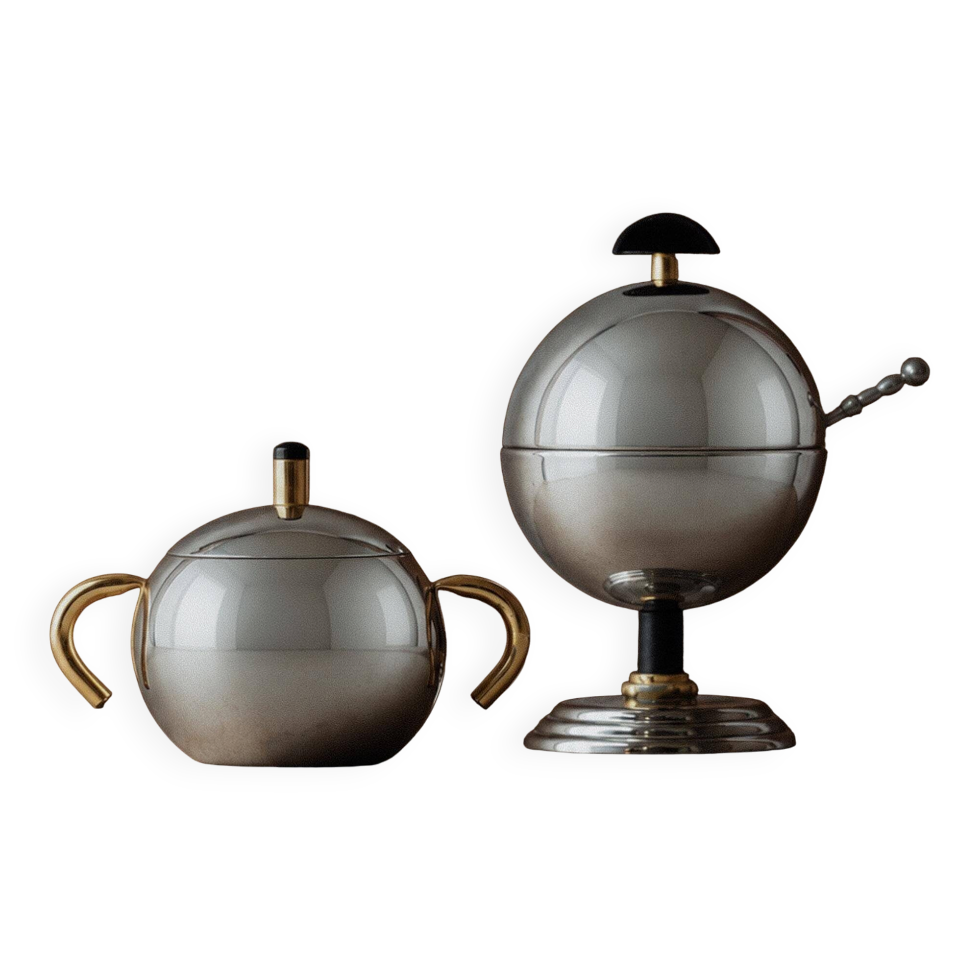 Vintage 1980s set of sugar or jam bowls, stainless steel and brass serving bowls, elegant postmodern tableware, breakfast service, gift idea.