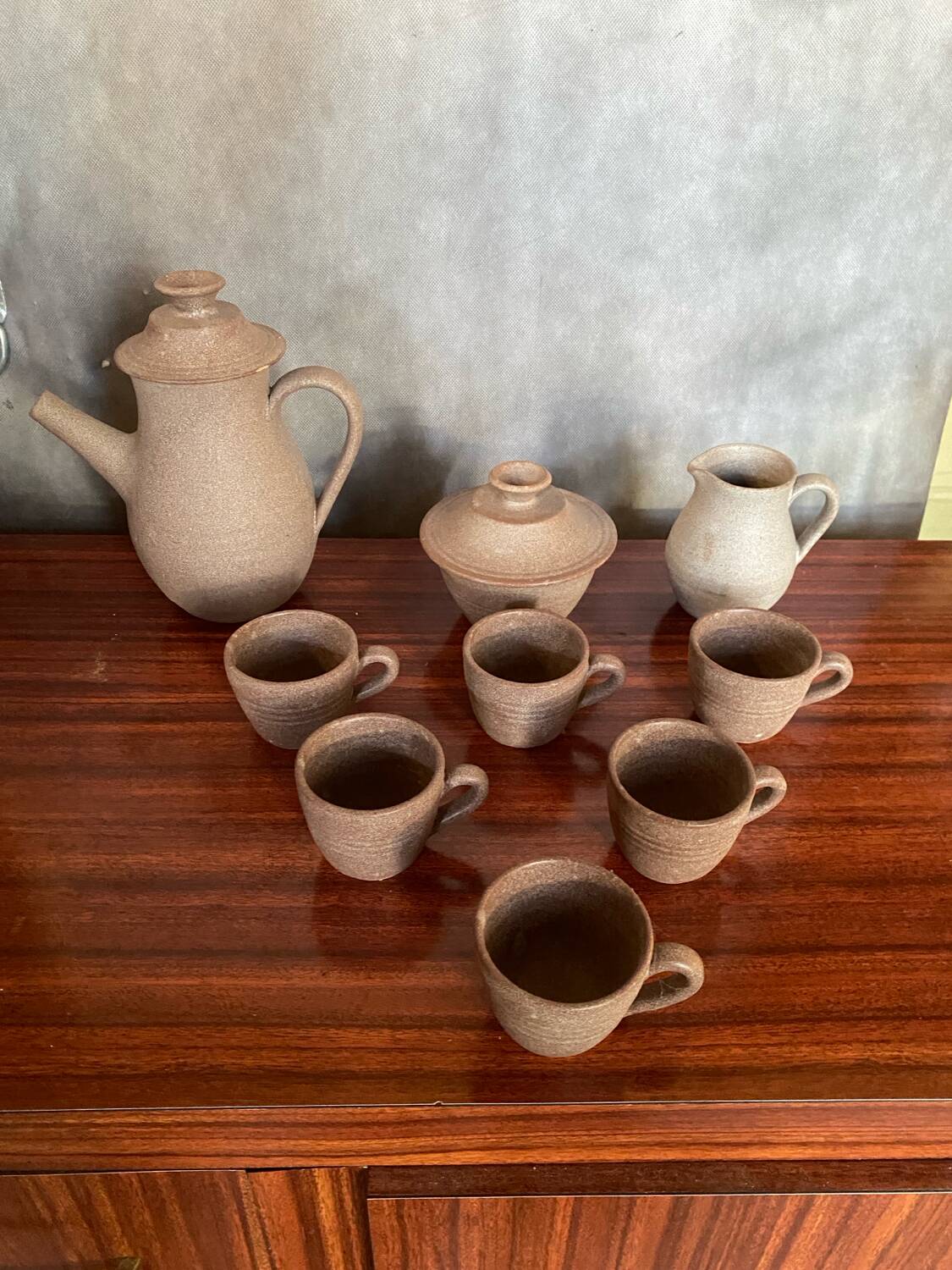 Lot old tea coffee service vallauris style ceramic beige 9p vintage #b843