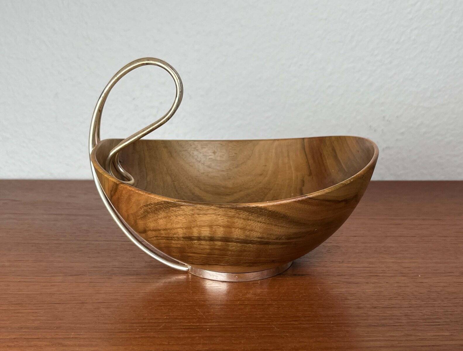Mid-Century Modern Teak and Silver Plated Metal Bowl from Grasoli, Italy, 1960s