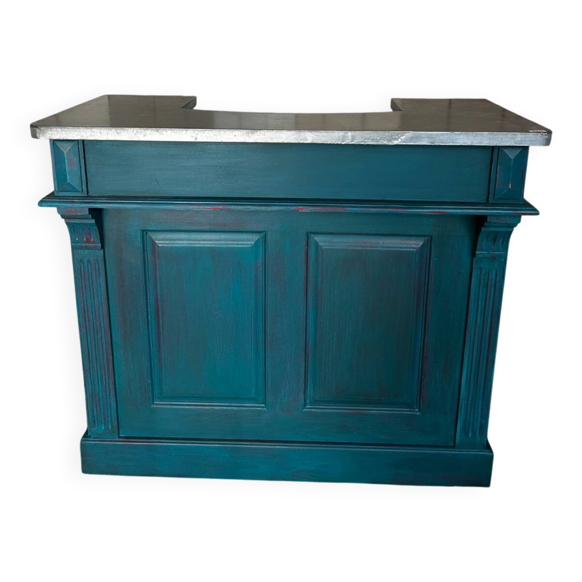 Old wooden trade counter with a zinc top.