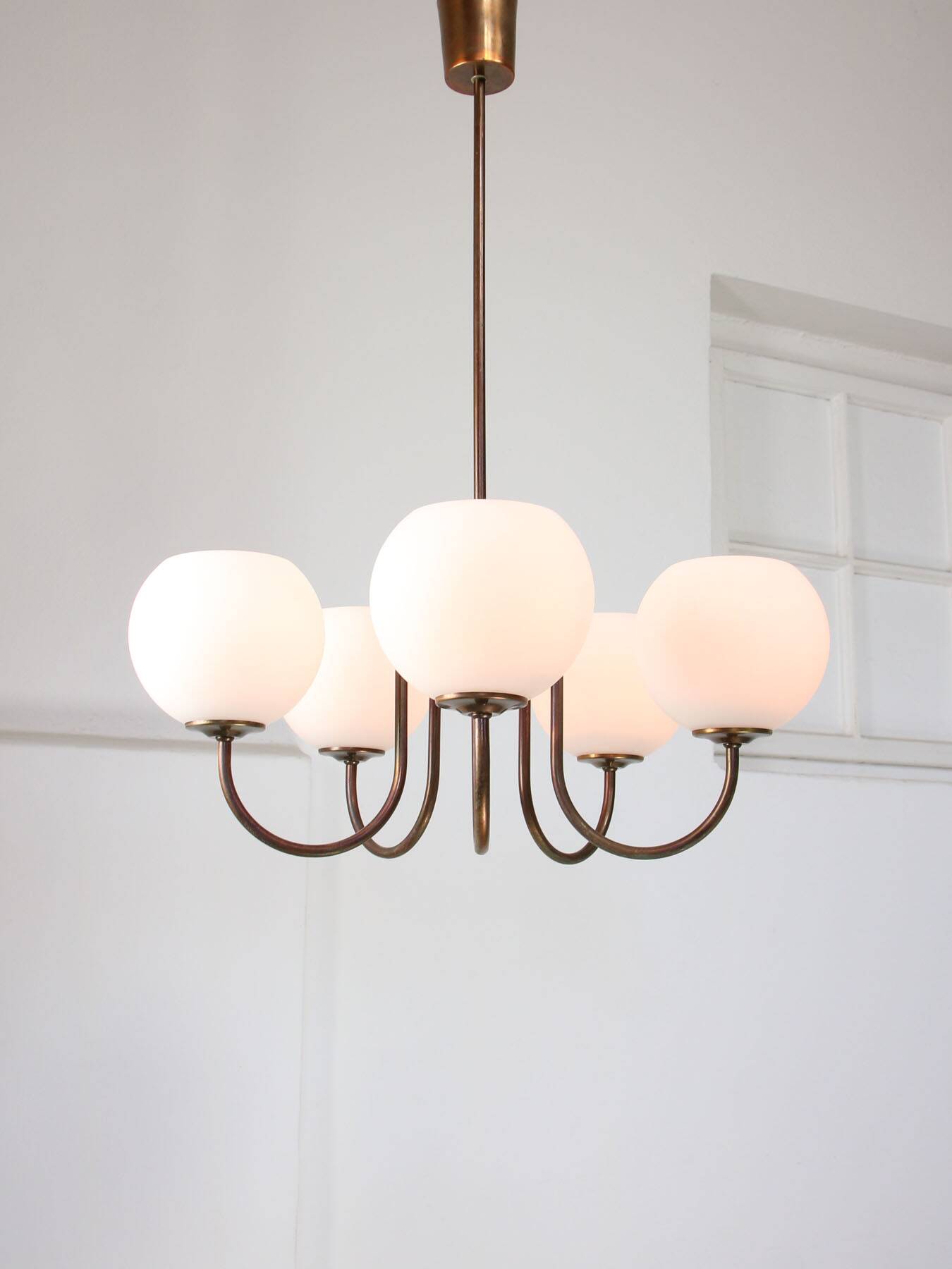 Vintage Italian Brass and Opaline Chandelier in Copper Color, 70s