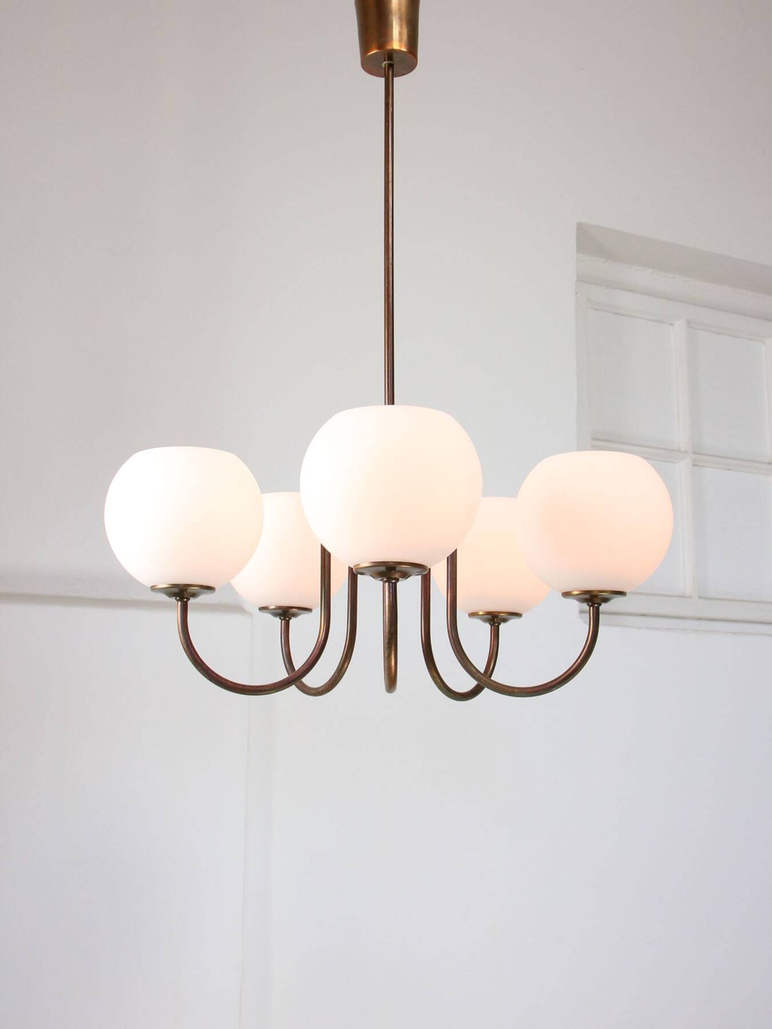 Vintage Italian Brass and Opaline Chandelier in Copper Color, 70s