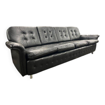 Vintage XL black leather four-seater sofa
