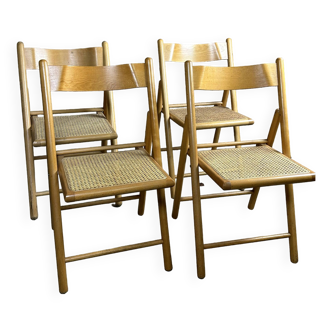 Foldable Italian chairs (set of 4) in beech and rattan 1980