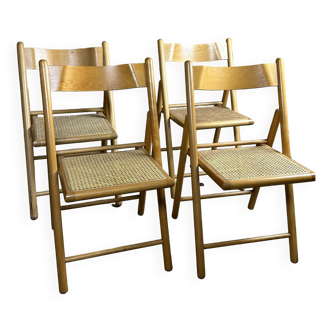 Chaises italiennes pliables (lot de 4) en hêtre et rotin 1980