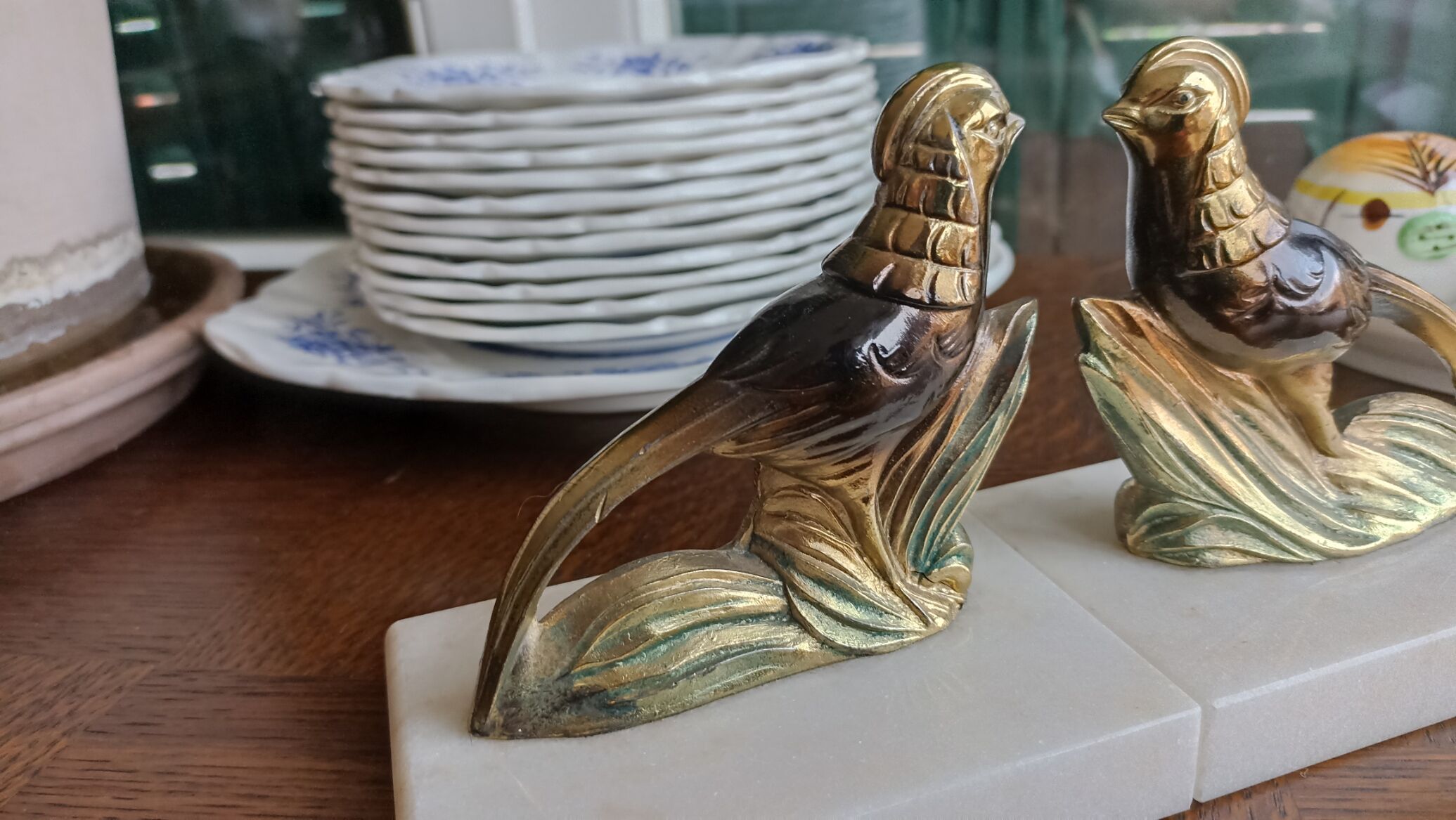 Marble and zinc art bookends - Pheasants
