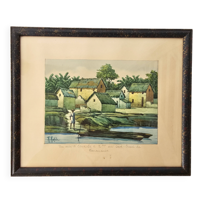 Tableau Aquarelle sur papier Madagascar Village malgache Signé R Rakoto