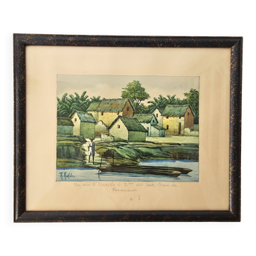 Watercolour painting on paper Madagascar Malagasy Village Signed R Rakoto
