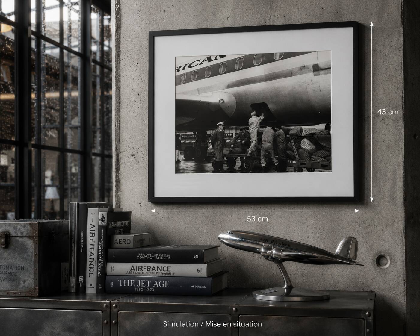 Air France cargo photograph at Orly, vintage 1970s, framed 53 x 43 cm.