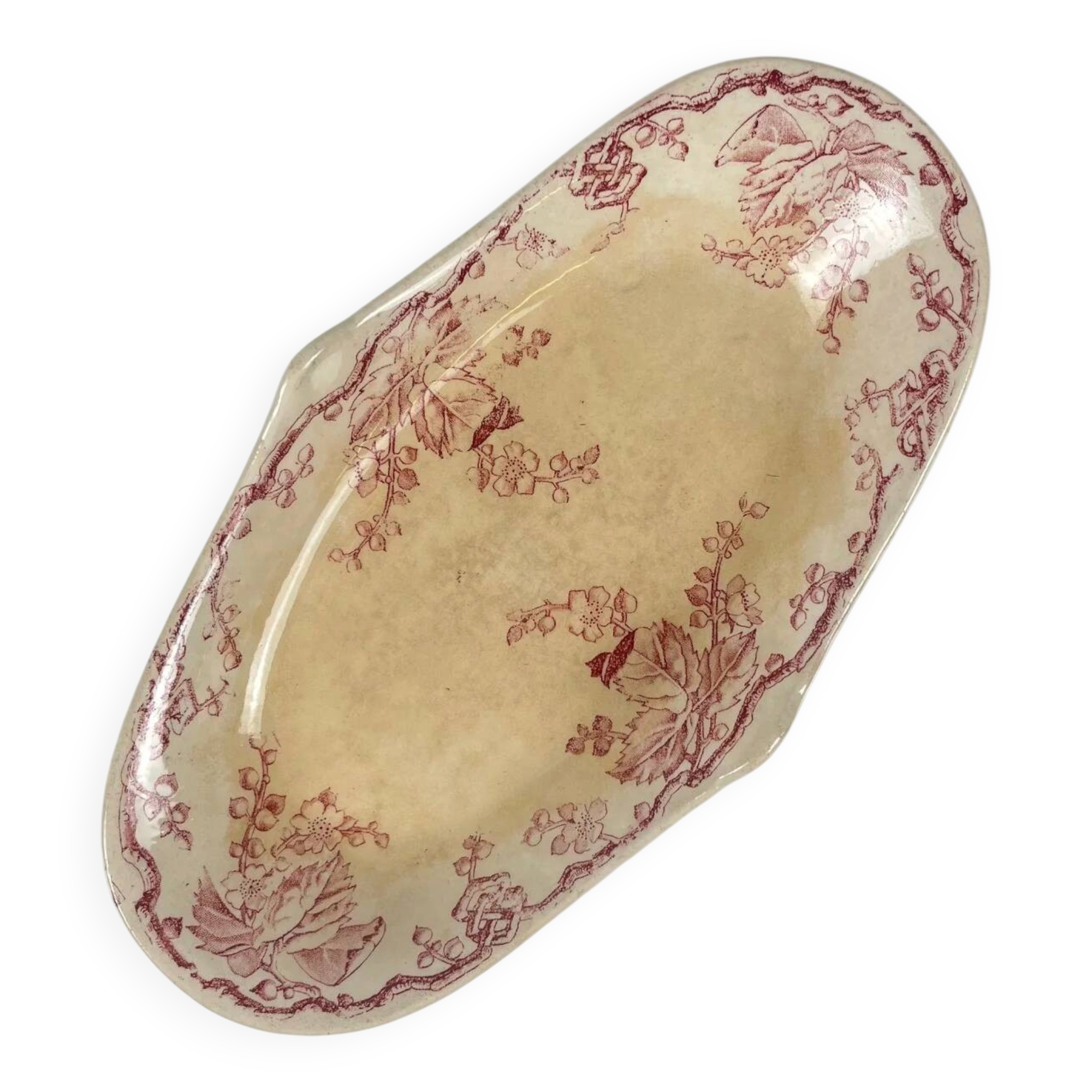 Oval dish with side handle KG Lunéville Ironstone, "Fontainebleau", pink, 19th century