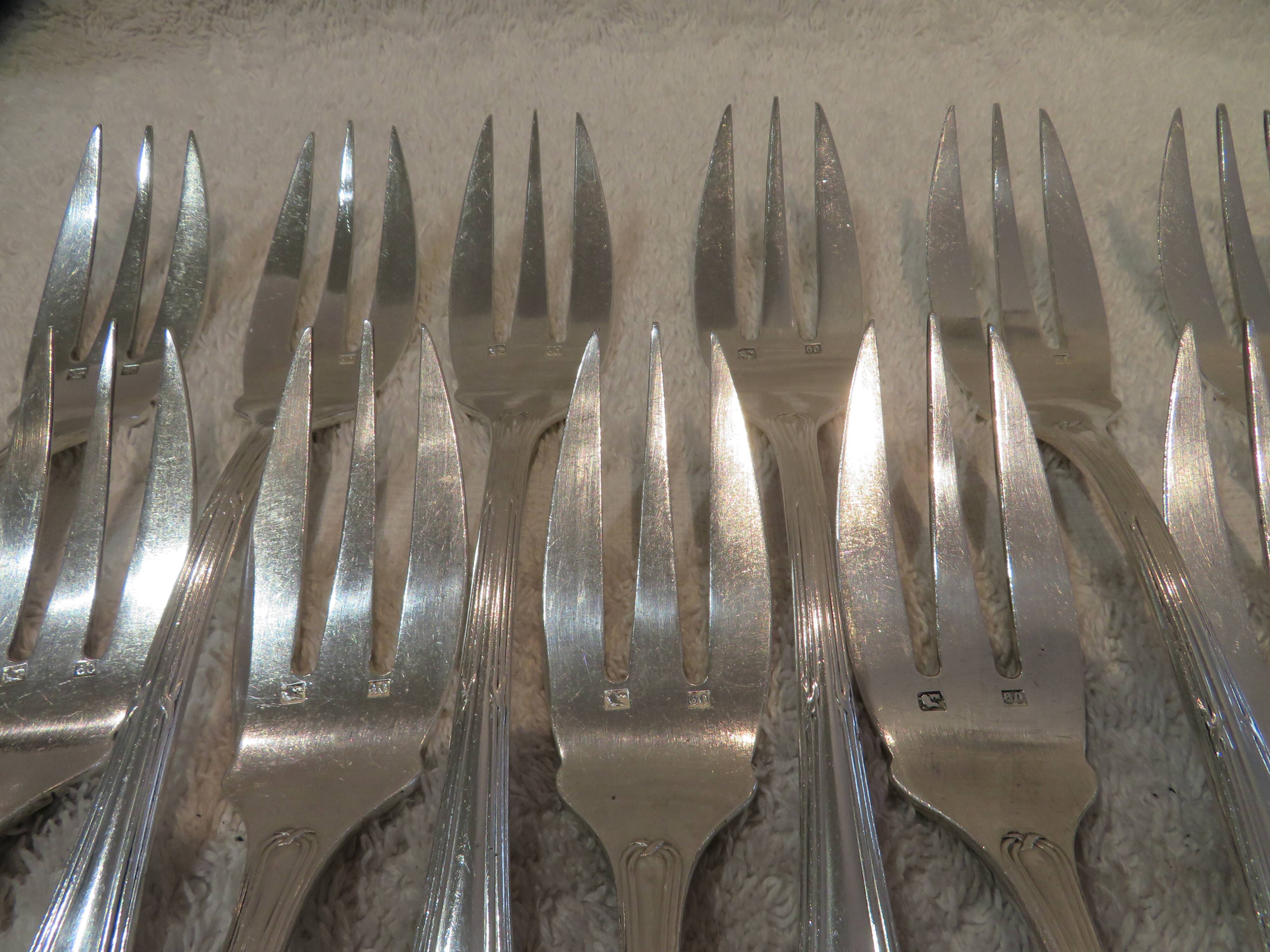 12 fish cutlery sets 24p silver plated metal goldsmith Apollo Louis XVI rushes