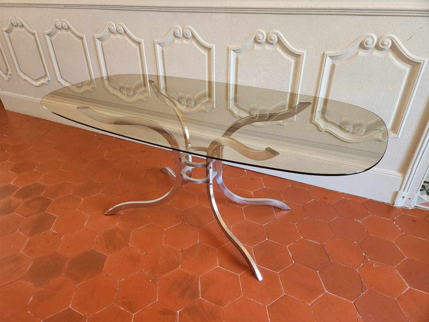 70s chrome and smoked glass dining table
