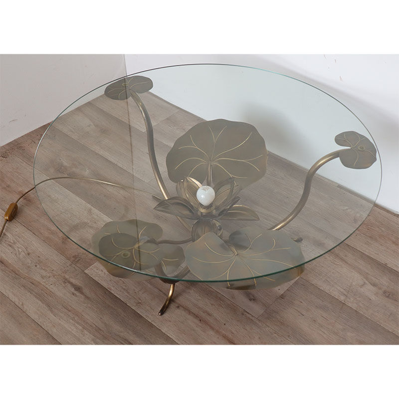 Illuminated vintage coffee table decorated with brass water lilies 1970