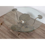 Illuminated vintage coffee table decorated with brass water lilies 1970
