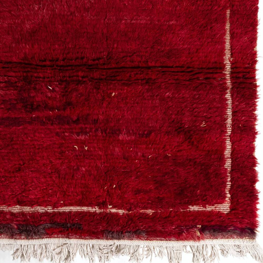 Solid Red Vintage Hand-Knotted Turkish Tulu Rug with Minimalist Ivory Border. 100% Wool