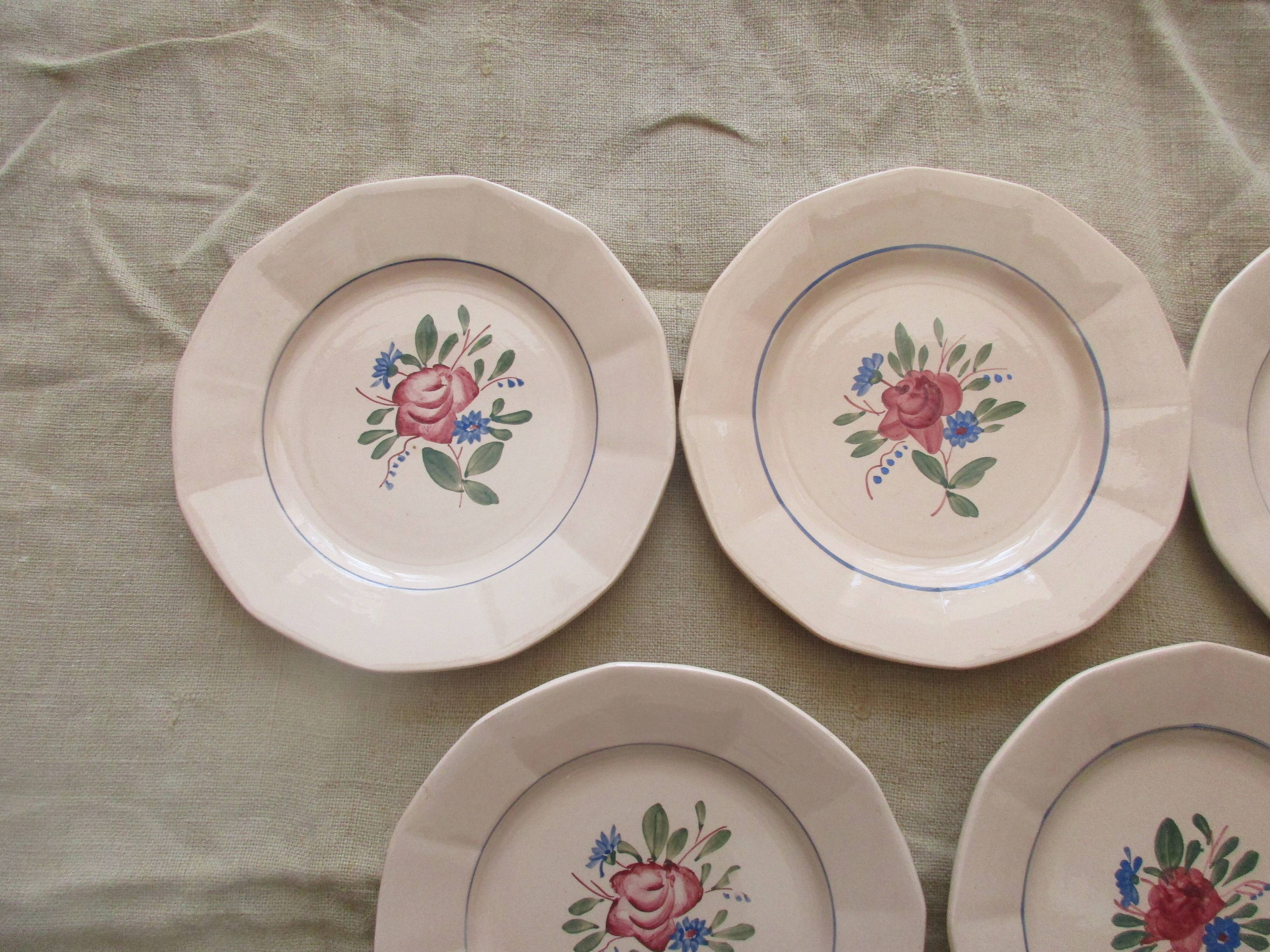 6 plates a decor floral on pink background faience digoin sarreguemine
