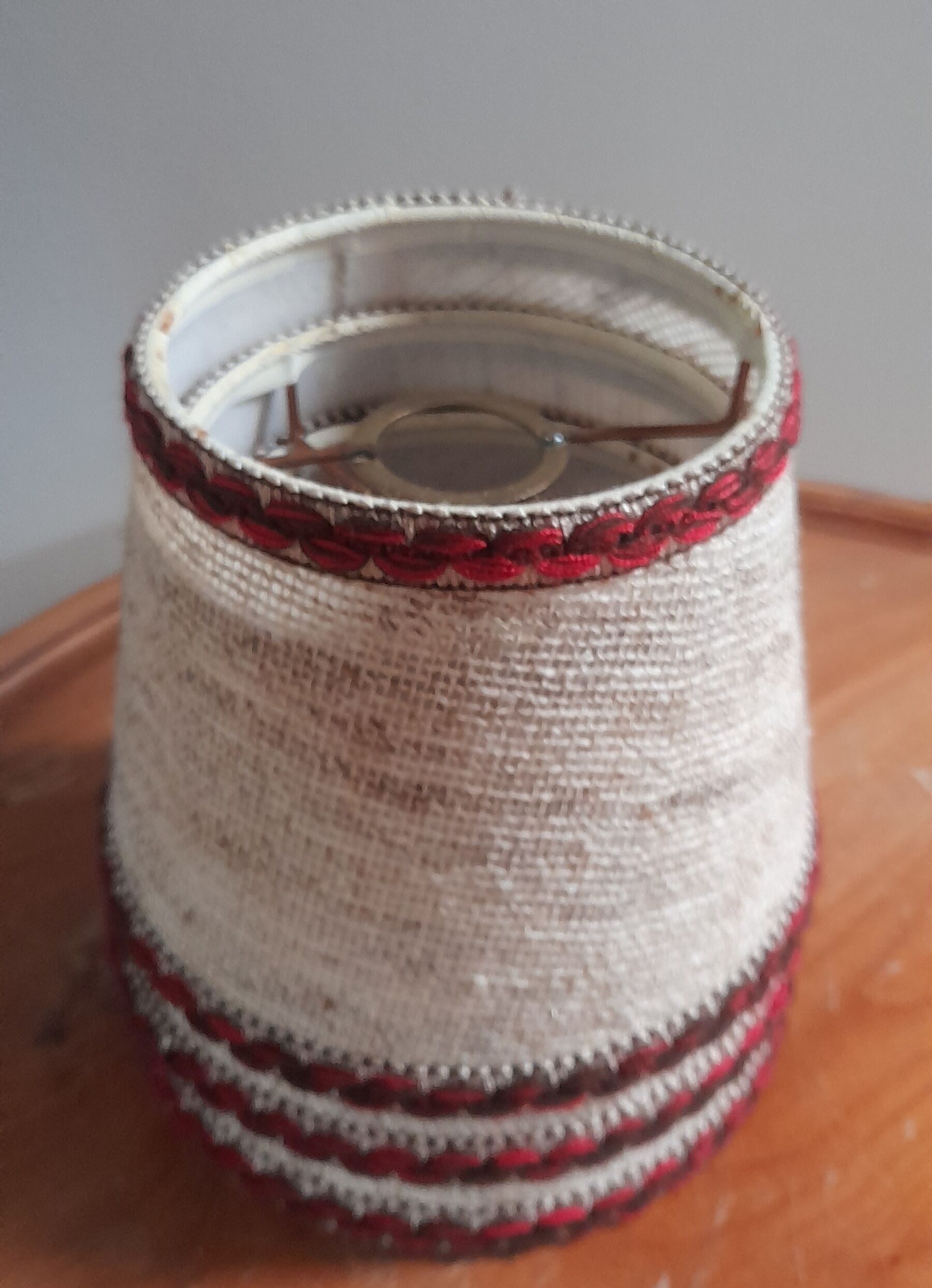 3 abat-jours jute écru et galons rouges pour lustre ou applique culot E14 - vintage 1970