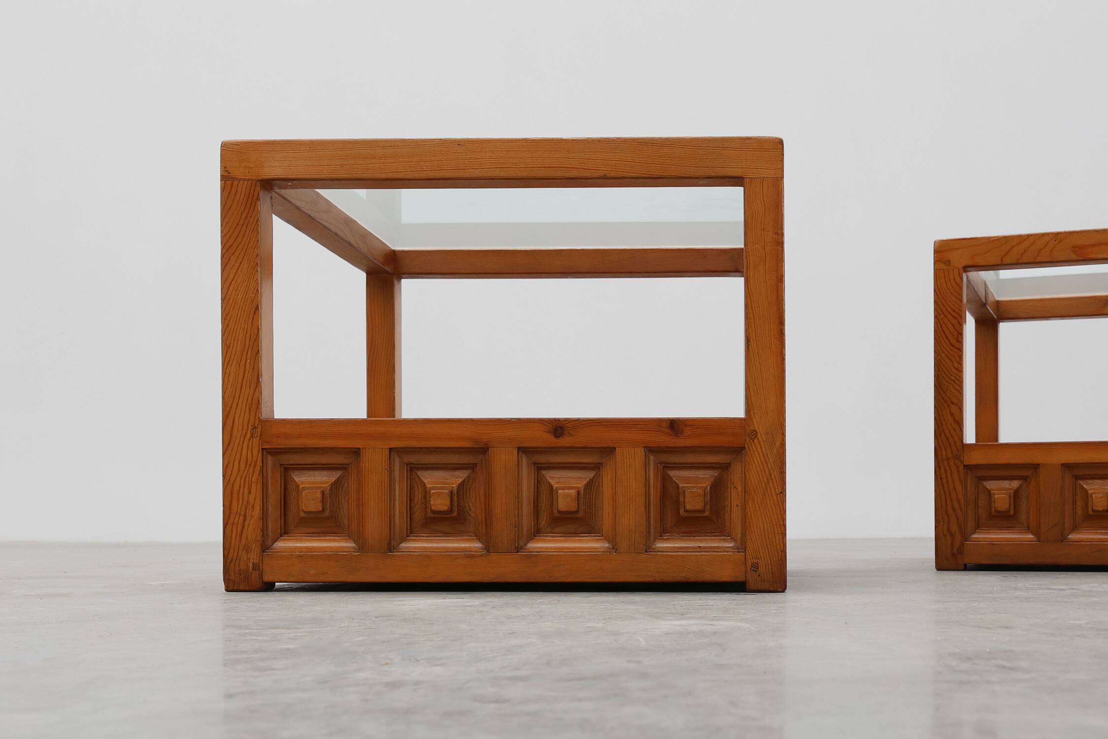 Pair geographical designed square Biosca coffee tables in pine wood, Spain