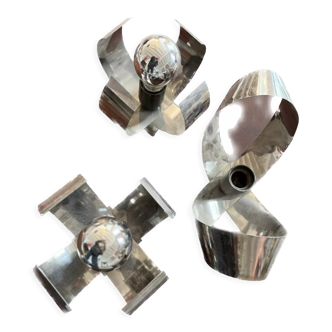 Set of 3 stainless steel wall lights 1970