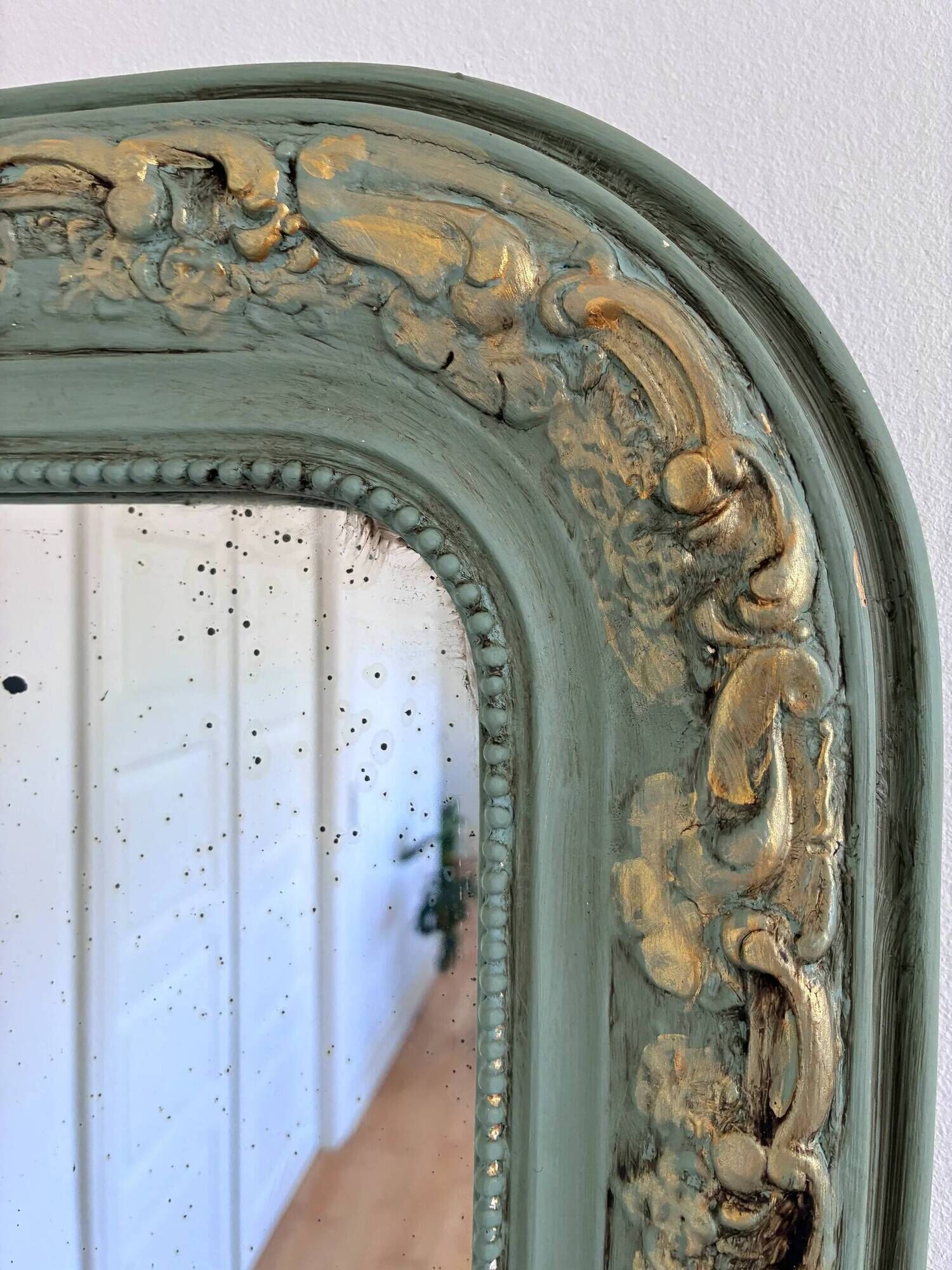 Large antique French Louis Philippe mirror – green and gold, late 19th century
