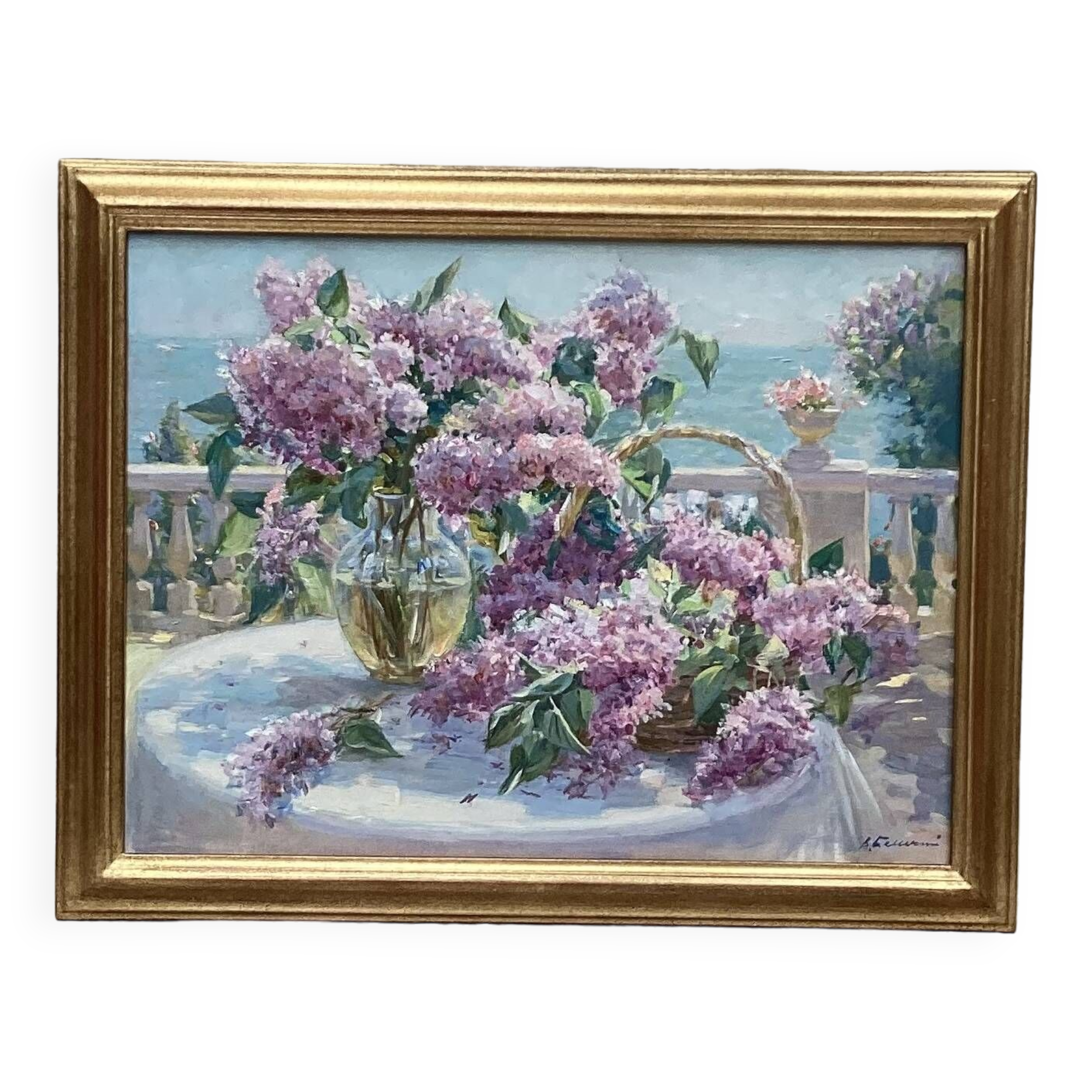 Framed signed painting Oil on canvas “The lilacs” dimension: height -55cm- width -70cm-