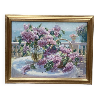 Framed signed painting Oil on canvas “The lilacs” dimension: height -55cm- width -70cm-